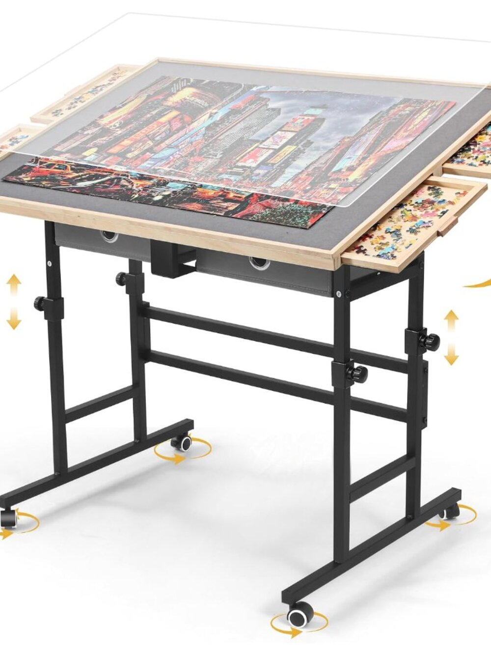 Puzzle Table 1500 Pieces with Wheels, Drawers & Cover, 33.58"x24.92" Adjustable